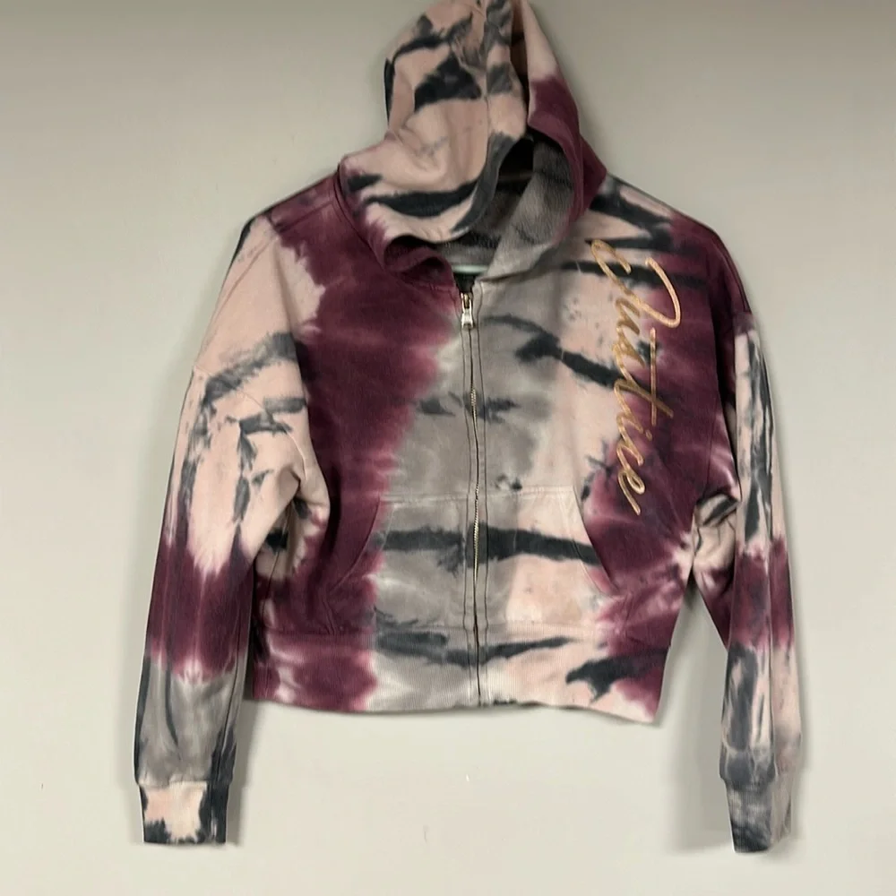 JUSTICE ACTIVE GIRLS PURPLE / PINK TIE DYE CROP ZIP FRONT HOODIE SIZE 8